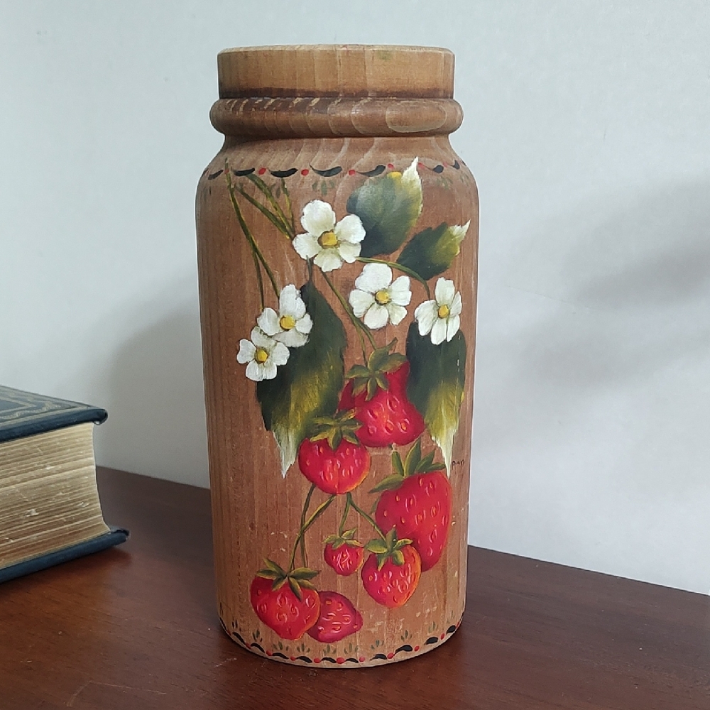 Hand-painted Wooden Vase w/ Strawberry Flowers & Strawberries 🍓